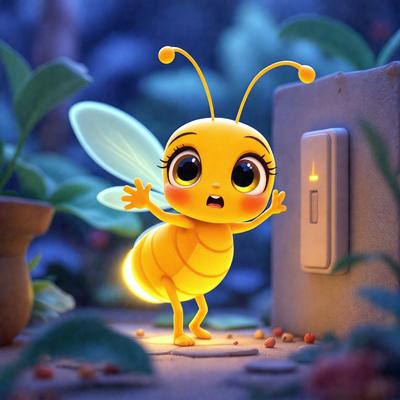 The primary subject of the image is a yellow cartoon bee with a pink nose, standing on a rock and looking surprised. The setting is a forest with a potted plant nearby. The visual style is a digital art or illustration, creating a whimsical and playful atmosphere. The colors are predominantly yellow and pink, with the bee's pink nose being the most noticeable feature.